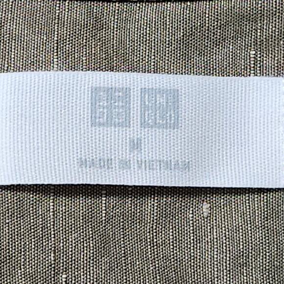 Uniqlo Shirt Mens Medium Green Linen Cotton Band Collar Short Sleeve Button - Picture 9 of 12